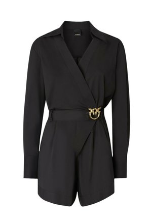 Tuta corta nera a maniche lunghe con collo, vita aderente e fibbia dorata con due uccelli, in stile pantaloncini sartoriali.