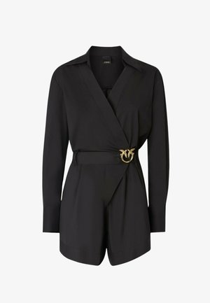 Tuta corta nera a maniche lunghe con collo, vita aderente e fibbia dorata con due uccelli, in stile pantaloncini sartoriali.