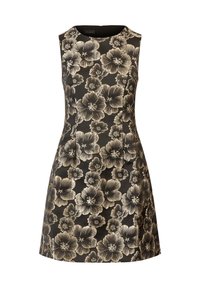 Ärmelloses Kleid mit taillierter Silhouette, aus schwarzem Stoff mit großen weißen Blumenmustern. Rundhalsausschnitt und verde zipper auf der Rückseite.