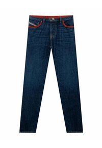 Tummansiniset farkut suoralla leikkauksella, punaiset korostukset taskuissa ja vyötäröllä, sekä klassinen viiden taskun muotoilu. Ei näkyviä kulumisen merkkejä.