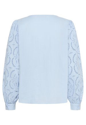 Blouse bleu clair avec panneau arrière uni et manches longues bouffantes en dentelle présentant des motifs floraux circulaires découpés et poignets boutonnés.