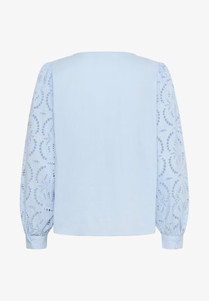 Blouse bleu clair avec panneau arrière uni et manches longues bouffantes en dentelle présentant des motifs floraux circulaires découpés et poignets boutonnés.