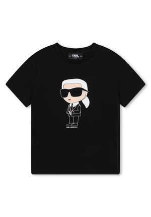 Czarny bawełniany t-shirt z kreskówkową grafiką postaci w garniturze i okularach przeciwsłonecznych, z białymi konturami i napisem "KARL LAGERFELD".