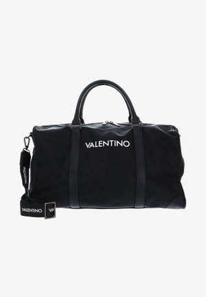Fekete nejlon sporttáska bőr kiemelésekkel, felső fogantyúkkal és levehető vállpánttal. Az elején fehér "VALENTINO" logó található.