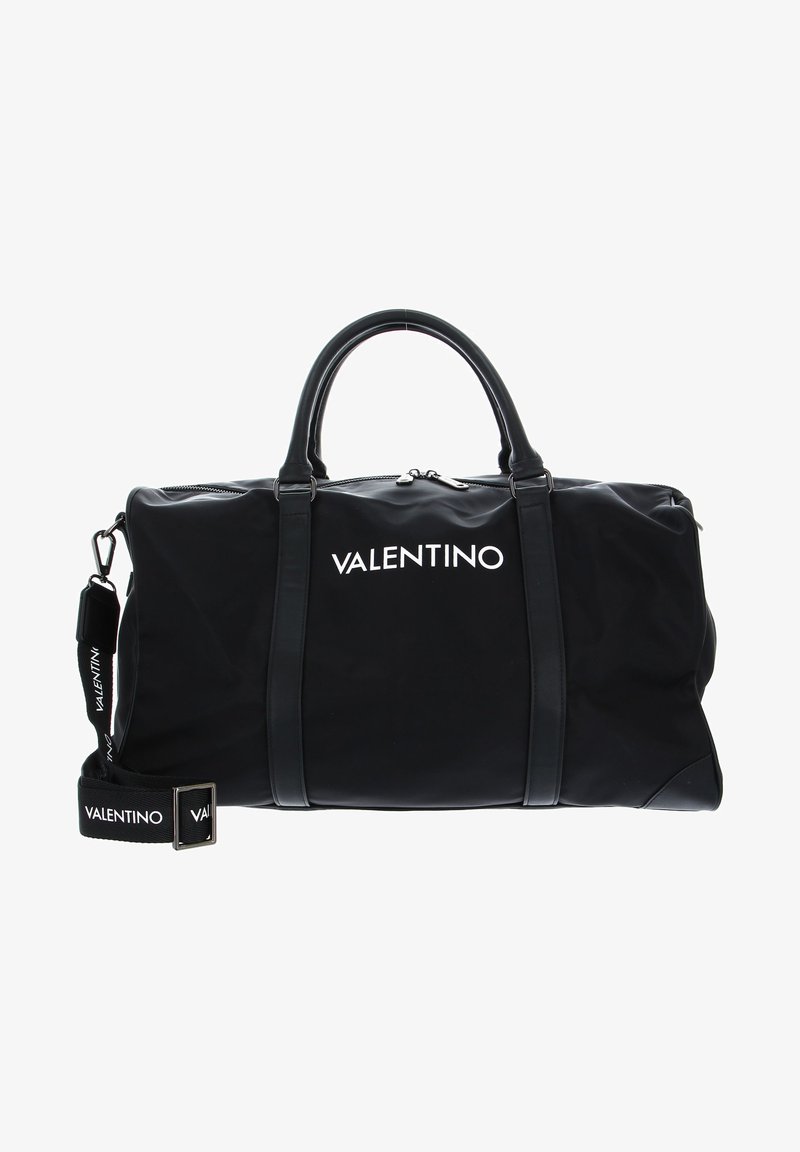 Fekete nejlon sporttáska bőr kiemelésekkel, felső fogantyúkkal és levehető vállpánttal. Az elején fehér "VALENTINO" logó található.