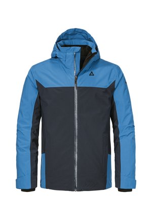 Herrenjacke mit einem blauen oberen Panel und einem navyblauen unteren Abschnitt. Hergestellt aus strapazierfähigem Material mit Frontreißverschluss und Kapuze. Schlichtes Design, ohne Muster.