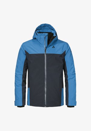 Herrenjacke mit einem blauen oberen Panel und einem navyblauen unteren Abschnitt. Hergestellt aus strapazierfähigem Material mit Frontreißverschluss und Kapuze. Schlichtes Design, ohne Muster.