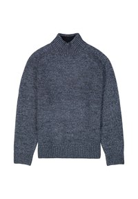 Donkergrijze gebreide coltrui met ribbelkraag, -manchetten en -zoom, plat gelegd op een witte achtergrond.