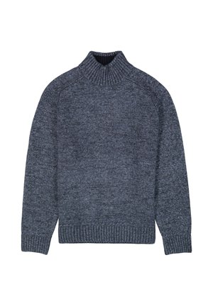 Dunkelgrauer, gestrickter Rollkragensweater mit geripptem Kragen, Bündchen und Saum, flach auf einem weißen Hintergrund ausgelegt.