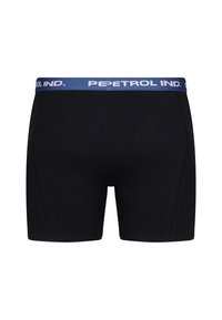 Boxer brevi neri in cotone, con elastico blu in vita e testo bianco. Tessuto liscio con design minimalista.