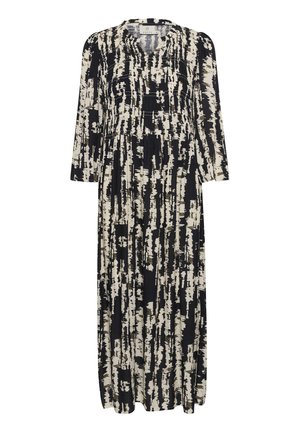 Maxikleid in Schwarz und Creme, mit einem Pinselstrichmuster. Lange Ärmel, runder Ausschnitt und geraffte Details in der Taille.