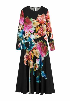 Robe midi noire à manches longues avec un imprimé floral large et vibrant en rose, orange, bleu et vert, dotée d'un col rond et d'une fermeture dos avec ouverture en trou de serrure.