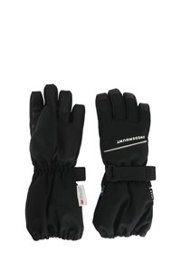 Schwarze Winterhandschuhe mit einer strukturierten Griffigkeit, elastischen Bündchen und einem verstellbaren Riemen. Hergestellt aus wasserdichtem Material mit verstärkten Akzenten.