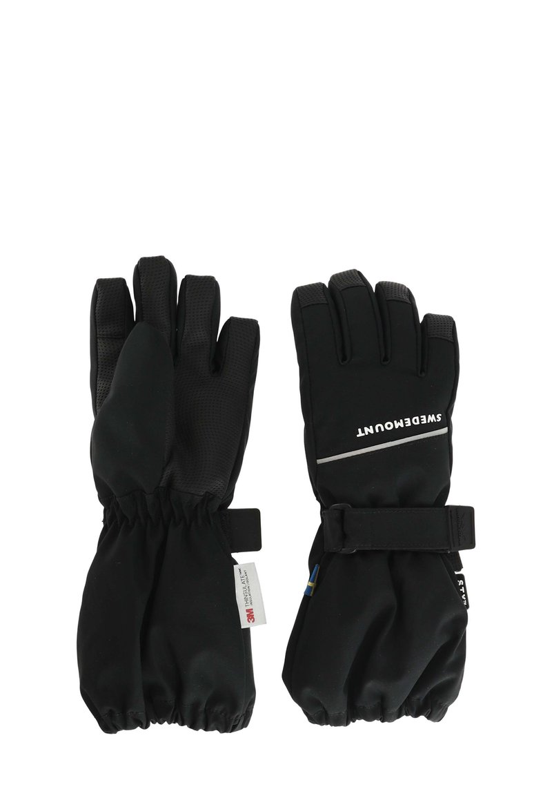 Schwarze Winterhandschuhe mit einer strukturierten Griffigkeit, elastischen Bündchen und einem verstellbaren Riemen. Hergestellt aus wasserdichtem Material mit verstärkten Akzenten.