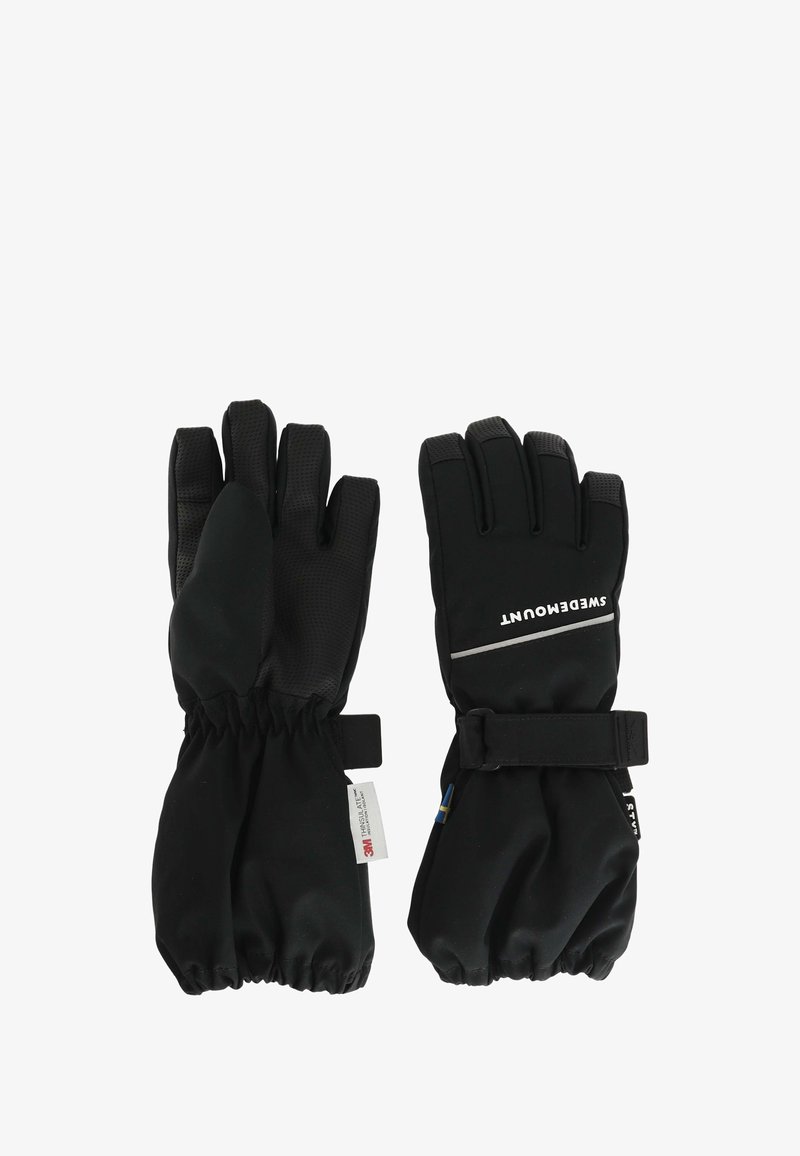 Schwarze Winterhandschuhe mit einer strukturierten Griffigkeit, elastischen Bündchen und einem verstellbaren Riemen. Hergestellt aus wasserdichtem Material mit verstärkten Akzenten.