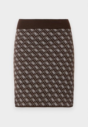 Brauner, taillierter Rock mit sich wiederholendem weißen Diamantmuster und ineinander verschlungenem Logodesign, ausgestattet mit einem einfarbigen braunen Bund.