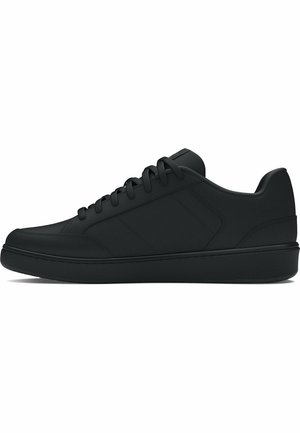 Black sneaker with a smooth, matte leather upper, round toe, flat lace closure, and a textured rubber sole. Sleek design with subtle side paneling.