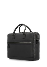 Black leather briefcase featuring two top handles, a front zip pocket, and dual zipper compartments on the top, with a smooth texture.