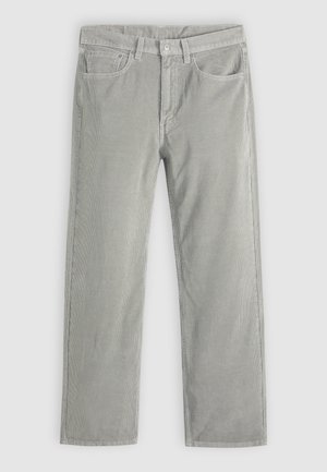 Pantalon en velours côtelé gris clair avec bouton et fermeture éclair devant, design à cinq poches, et coupe droite.