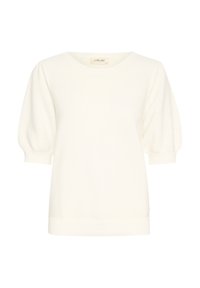 Maglione corto a maniche corte di colore crema con una texture a coste, colletto rotondo e maniche a sbuffo. L'orlo è leggermente aderente per un look strutturato.