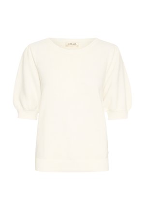 Crème korte mouwen sweater met een ribbeltextuur, een ronde hals en opgestikte mouwen. De zoom is iets getailleerd voor een gestructureerde uitstraling.