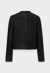 Jachetă neagră scurtă din țesătură texturată cu un design țesut, având un decolteu rotund, mâneci lungi și cinci nasturi de închidere.