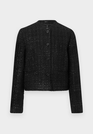 Čierna skrátená bunda z textúrovaného materiálu s tkaným vzorom, okrúhlym výstrihom, dlhými rukávmi a päťgombíkovým zapínaním.