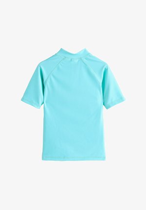 Tyrkysová krátkopsú šnūrka s vysokým golierom, vyrobená z hladkej, ľahkej tkaniny; obsahuje ploché švy pre väčšie pohodlie.