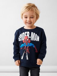Felpa blu navy con un grande grafico di Spider-Man, con accenti rossi e blu. Polsini e scollatura a costine per una vestibilità aderente.