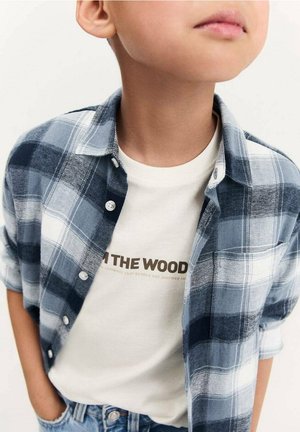 Child wearing a blue and white plaid shirt over a white T-shirt with partially visible text "IN THE WOOD."