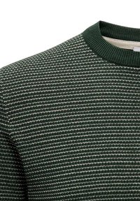 Pull en tricot texturé vert avec un col rond, présentant des rayures horizontales dans des teintes plus claires et des bordures côtelées au niveau du col.