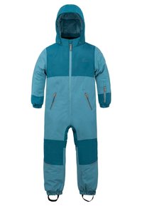 Tarnfarben und blauer gepolsterter Schneeanzug mit Kapuze, einem Frontreißverschluss, zwei Seitentaschen und elastischen Bündchen. Glatte Textur mit verstärkten Einsätzen.