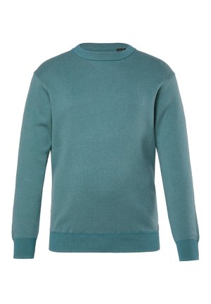 Teal trui van gebreide stof, met een geribbelde ronde halslijn, lange mouwen en een licht gestructureerd oppervlak. Verfraaid aan de onderkant.