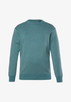 Maglione teal realizzato in tessuto a maglia, con scollatura rotonda a costine, maniche lunghe e una superficie leggermente strutturata. Accentuato sul fondo.