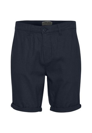 Pantalons courts bleu marine en tissu léger, dotés d'une fermeture à bouton, de poches avant et de poignets retroussés pour un look décontracté.