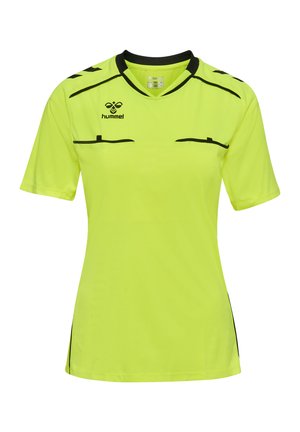 Koszulka z krótkim rękawem w jaskrawożółtym materiale z czarnymi akcentami, z okrągłym dekoltem i subtelną fakturą, zaprojektowana do aktywności sportowych.