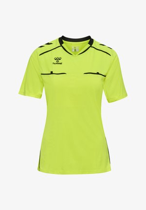 Kortærmet trøje i lyst gul stof med sorte detaljer, med rund halsudskæring og diskret tekstur, designet til sportsaktiviteter.