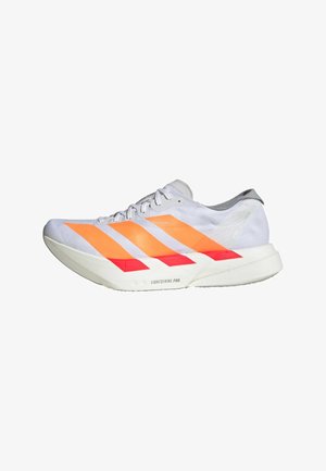 White athletic shoe with orange and red stripes, lightweight design, textured upper, and a cushioned sole featuring "LIGHTSTRIKE PRO" branding.