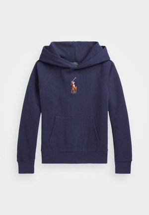 Marineblauer Kapuzenpullover mit Kängurutasche und gesticktem Polo-Spieler-Logo, das mittig auf der Brust sitzt.
