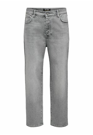 Herren-Jeans aus grauem Denim mit geradem Bein, fünf Taschen, Gürtelschlaufen, Knopfverschluss und Markenlabel innen am Bund.