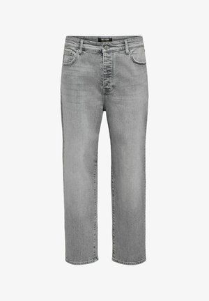 Férfi szürke egyenes szárú farmernadrág öt zsebbel, övbújtatókkal, gombos zárral és márkajelzéssel a derékrész belsejében.