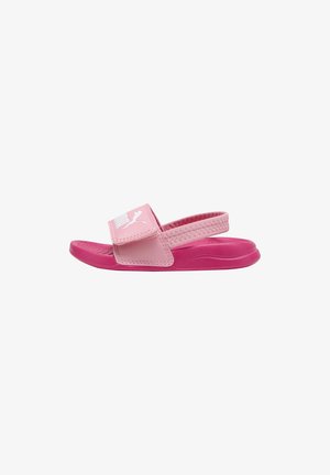 Sandalias de slid rosa con una tira texturizada y suela de goma. Presentan un logotipo en la tira y un diseño simple y elegante para mayor comodidad.
