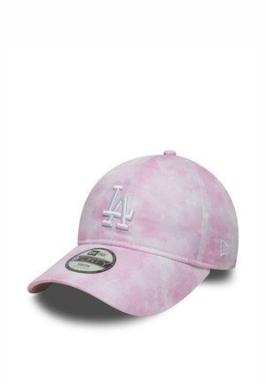 Pink tie-dye baseball cap with white "LA" logo embroidery and adjustable strap, designed for youth by New Era.