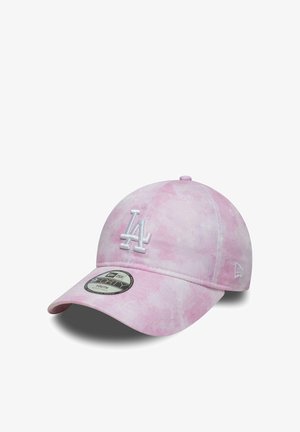 Cappellino da baseball rosa con effetto tie-dye, ricamato con il logo bianco "LA" e con cinturino regolabile, progettato per giovani da New Era.