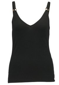 Černý žebrovaný top na ramínka s výstřihem do V, tenkými ramínky a zlatými kovovými akcenty. Přiléhavý střih s hladkou texturou.