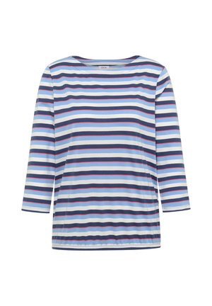 Tričko s dlouhým rukávem s horizontálními pruhy v námořnické modré, světle modré, bílé a tenkými červenými liniemi, s kulatým výstřihem.