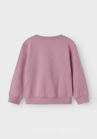 Sudadera rosa con cuello redondo, mangas largas, y puños y dobladillo acanalados. Textura suave, diseñada para uso casual. Solo vista trasera.