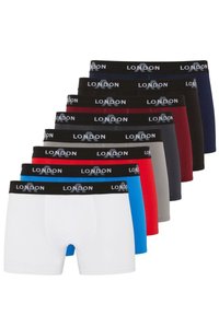 Assorted men's boxer briefs in multiple colors: white, blue, red, gray, and black, featuring a black waistband with "LONDON" logo.