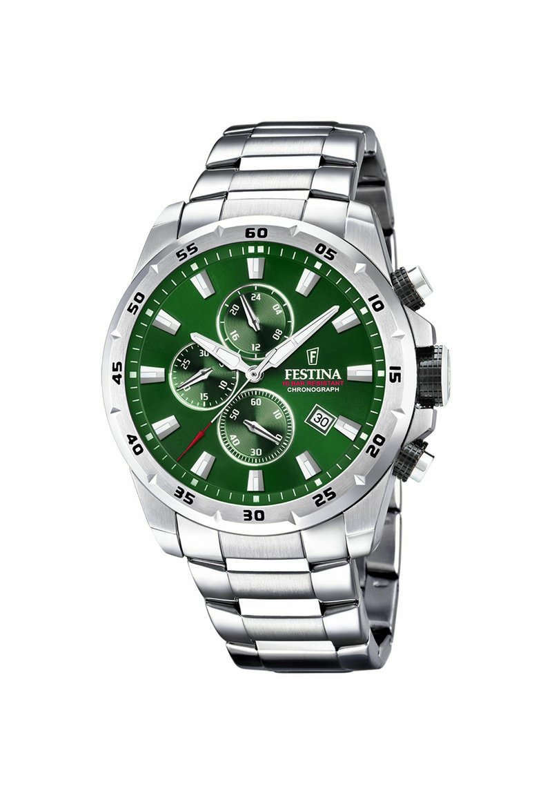 Reloj cronógrafo con correa de acero inoxidable, esfera verde, acentos plateados, tres subesferas y una ventana de fecha a las 6 en punto. Resistente al agua hasta 10 bares.