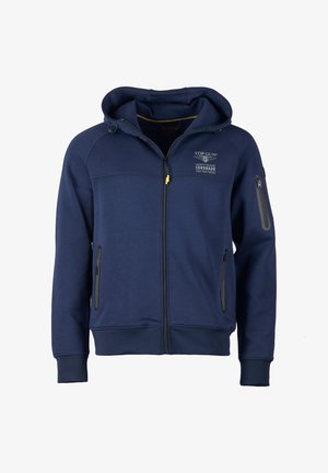 Navyblauer Kapuzenpullover mit Reißverschluss aus weichem Material, mit einem Logo vorne, zwei seitlichen Reißverschlusstaschen und einer verstellbaren Kordelkapuze.